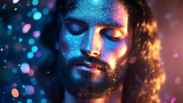 A man with a beard and long hair has his eyes closed while blue and orange light patterns illuminate his face with glowing bokeh around him