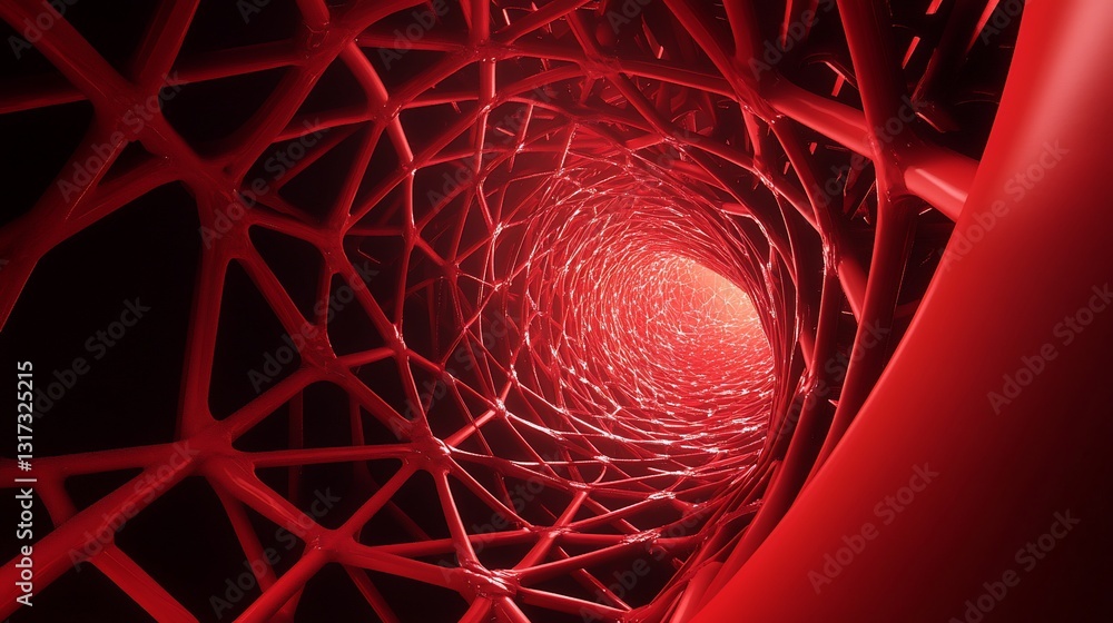Poster abstract red network tunnel: a digital exploration of intricate structures and vivid color