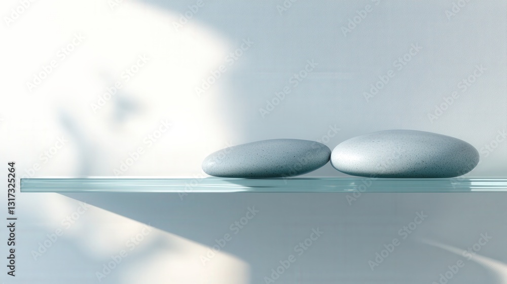 Poster two smooth stones resting on a glass shelf with soft light casting gentle shadows