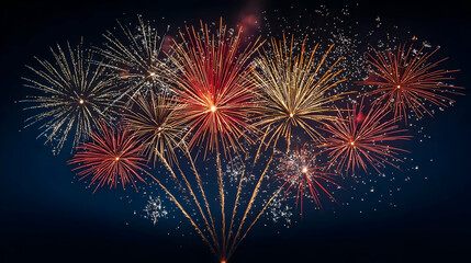 Fototapeta premium Spectacular Fireworks Display in the Night Sky with Vibrant Colors of Red Orange Gold and White Bursts