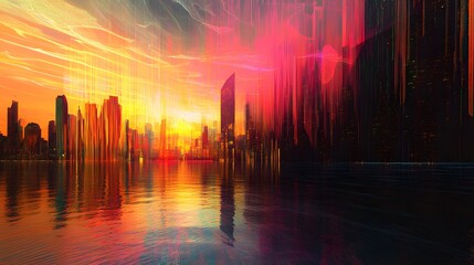Obraz premium An abstract city skyline at sunset where buildings blend with vibrant colors, symbolizing urban life and modernity