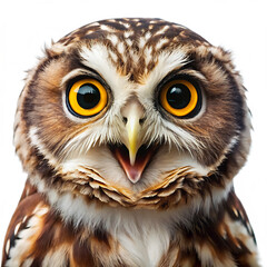 Fototapeta premium Surprised Brown Owl with Bright Yellow Eyes and Open Beak - Isolated on White Background as Transparent. PNG. AI GENERATED