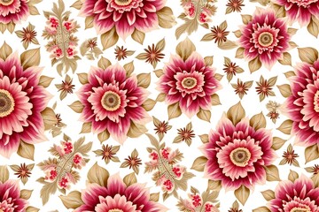 Obraz premium Elegant Floral Pattern with Deep Pink Dahlias and Tan Leaves on White Background