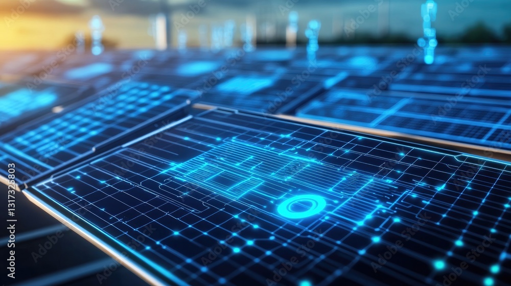 Poster futuristic digital interface, network of glowing screens displaying intricate circuitry and data str