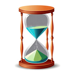 A detailed hourglass with turquoise and green sand, symbolizing the passage of time on a soft brown background