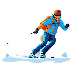 A dynamic illustration of a skier in action on a snow-covered slope, showcasing vivid colors and a vibrant atmosphere with winter scenery