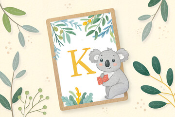  A visually appealing flashcard featuring the uppercase and lowercase letter 'K' with an adorable koala illustration, helping kids associate letters with animals.
