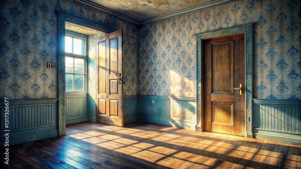Aufkleber sunlight streams through a dusty window in a forgotten room, illuminating the worn wooden floor and 