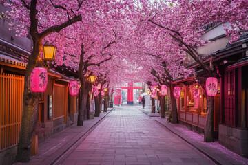 Obraz premium Beautiful sakura blossoms in full bloom, showcasing the delicate and iconic beauty of Japanese cherry trees. A symbol of spring, renewal, and fleeting elegance.