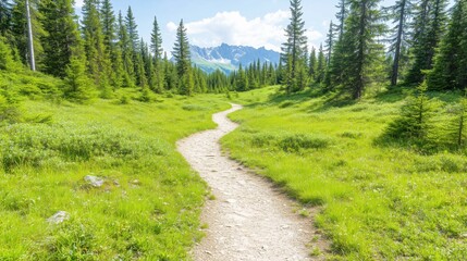 Winding dirt path through a lush green valley
