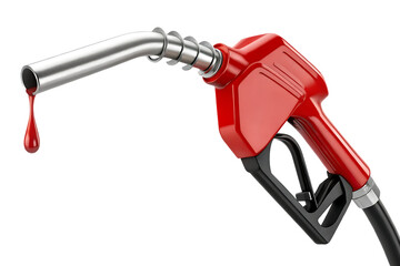 A red fuel pump nozzle with a black handle and dripping fuel drop symbolizing refueling at gas stations against a white background