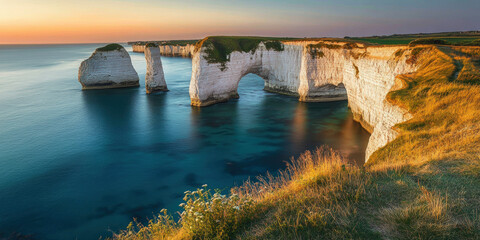Breathtaking landscape with dramatic white chalk formations rising from turquoise-blue waters, with golden grassy cliffs and stunning sunset lighting. Generative AI