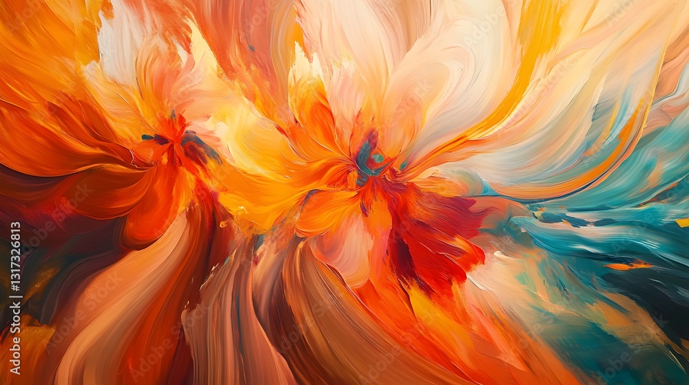 Poster an abstract interpretation of a blooming garden where vibrant colors and shapes create a lively and 