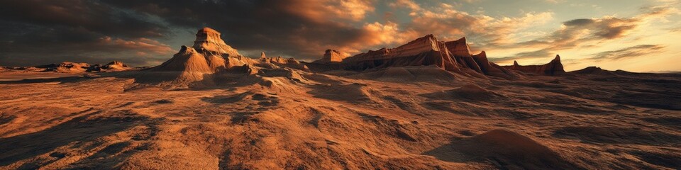 Naklejka premium Landscape of badlands formations at sunset, featuring dramatic rock formations with ridged, weathered profiles against golden-orange skies with scattered clouds. Generative AI