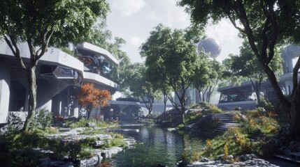 Obraz premium Futuristic ecological architecture integrating nature with advanced technology structures