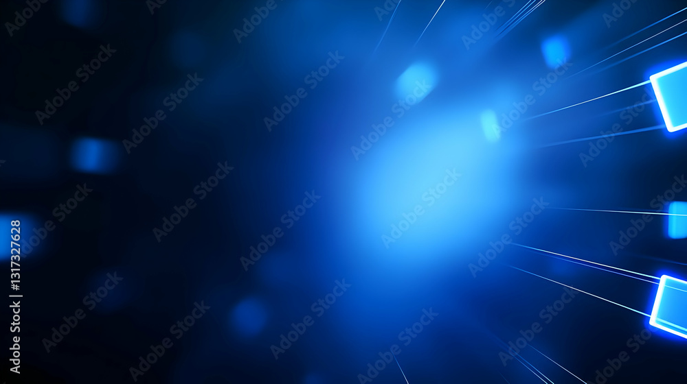 Poster abstract blue light rays with glowing squares and bokeh effect on dark background artistic digital i