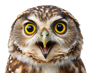 Obraz premium Surprised Brown Owl with Bright Yellow Eyes and Open Beak - Isolated on White Background as Transparent. PNG. AI GENERATED