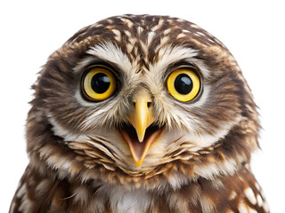 Obraz premium Surprised Brown Owl with Bright Yellow Eyes and Open Beak - Isolated on White Background as Transparent. PNG. AI GENERATED