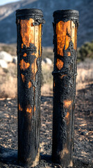 Fototapeta premium Burnt wooden posts stand sentinel in scorched landscape