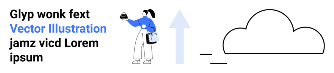 Woman holds phone while transferring data to cloud, represented by an arrow. Ideal for technology, cloud storage, data transfer, innovation, online security, teamwork, flat landing page banner