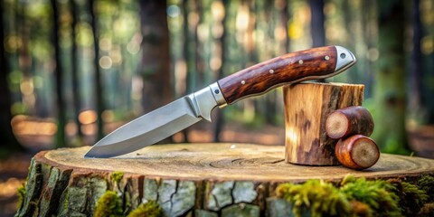 A sharp knife rests on a weathered tree stump in the forest, ready for adventure