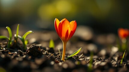Obraz premium Close-up of a bright orange tulip blooming from dark soil with soft sunlight illuminating the petals