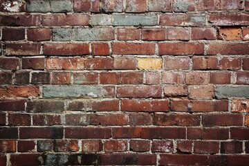 Fototapeta premium Textured red brick wall with white mortar in natural light. AI generative