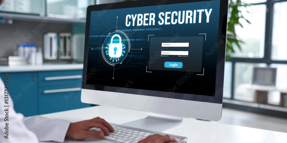 Poster cyber security system on computer screen protect private information brisk from hacker and cyber att