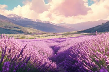 Obraz premium Lavender fields at sunset with dramatic skies. AI generative