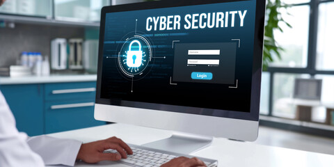 Cyber security system on computer screen protect private information brisk from hacker and cyber attack