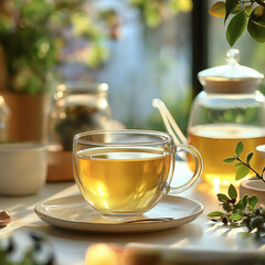 A glass cup of golden herbal tea sits on a saucer, bathed in sunlight.