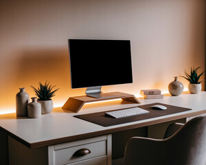Fototapeta premium Modern workspace setup with computer, keyboard, mouse, and minimalist decor, showcasing a clean and organized aesthetic, ideal for productivity and professional settings