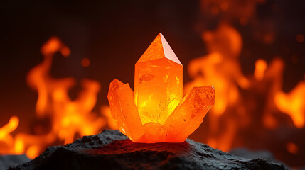 Glowing Orange Crystal with Fiery Background.