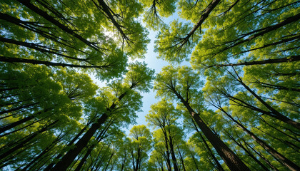 Lush green forest canopy, looking up at treetops, sky visible through branches