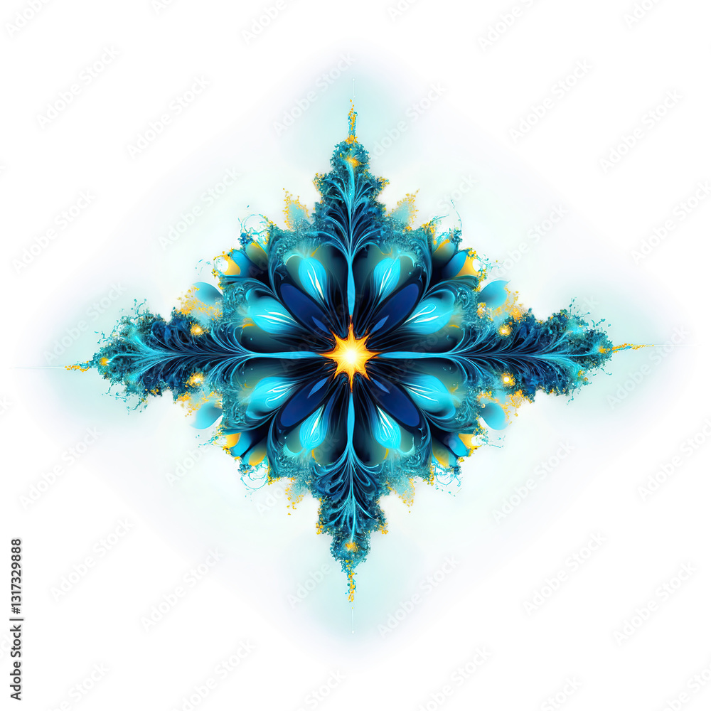 Poster intricate blue and turquoise floral fractal design with radiating patterns on a soft background
