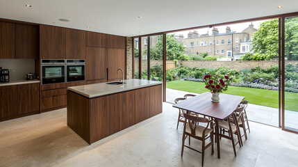 Modern kitchen opens to garden, dining area; London home interior design, showcasing luxury lifestyle