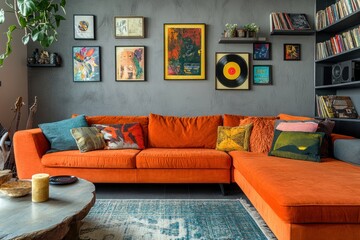 Orange sectional sofa in eclectic living room with gallery wall, rug, and bookshelves.