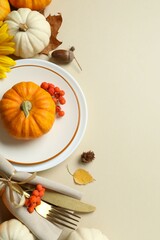 Rustic holiday table setup. Top view with plates, cutlery and autumn decorations. Empty space for your text  © Sunlight