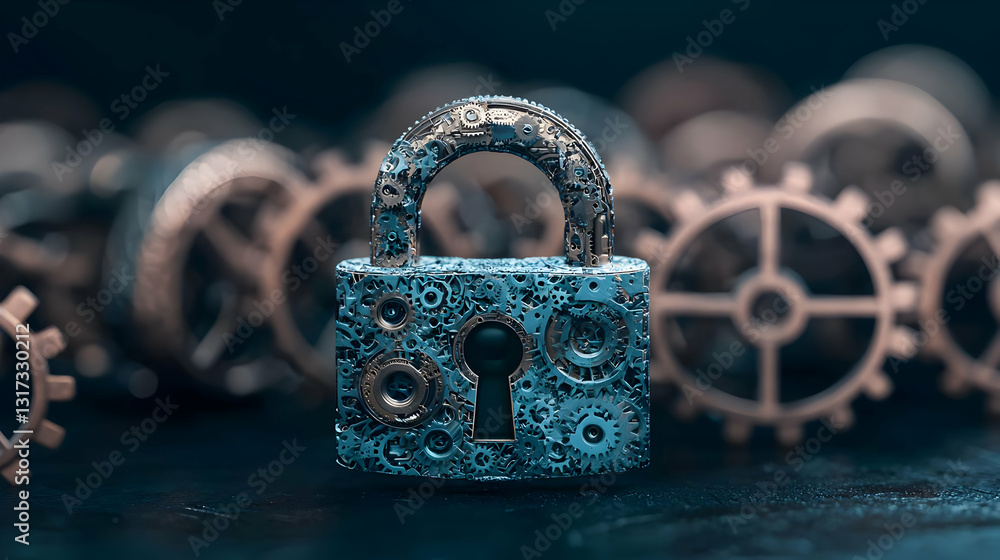 Poster intricate blue metallic lock made of gears on dark background with blurred gears in the background f