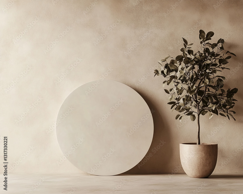 Poster beige textured wall background with a large round blank mockup and a potted plant, creating a minima