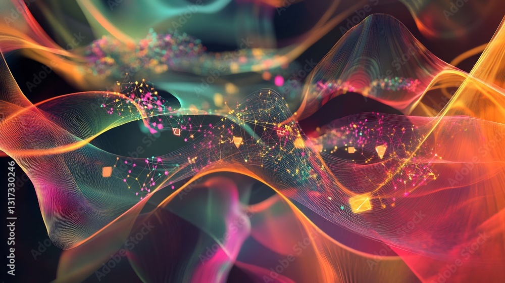 Poster abstract rendering of venture capital showcasing symbolic pathways geometric nodes startup investmen