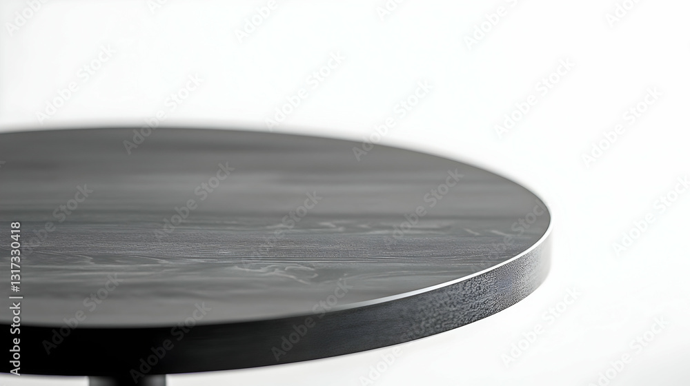 Poster close up of a round dark grey metallic textured table top on a simple pedestal in a bright studio se