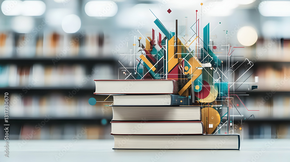 Poster stack of books with abstract geometric shapes design on a blurry bookshelf background representing k