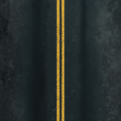 Overhead view of asphalt road with double yellow lines.