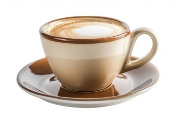 Fototapeta premium Cappuccino in white cup on saucer with cinnamon. Artificial intelligence image