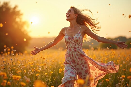 A woman runs through an endless lavender field at sunset