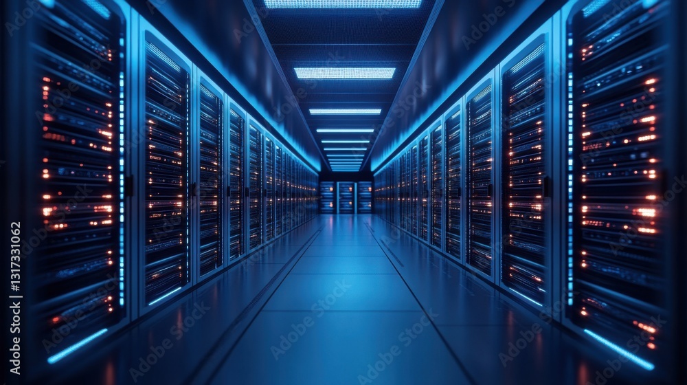 Poster futuristic data center with illuminated server racks in a sleek, high-tech environment