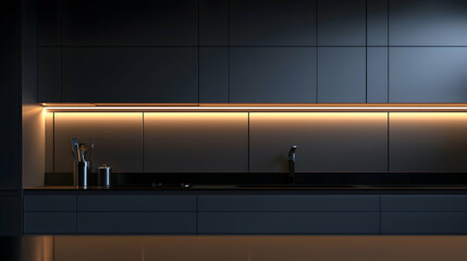 Modern kitchen countertop with LED lighting, dark cabinets, and sleek design, perfect for culinary website or home design blog