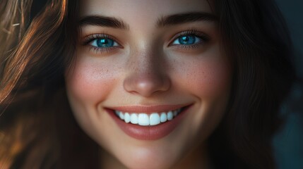 A close-up shot of a woman's face featuring her striking blue eyes