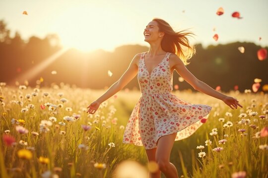 A woman runs through an endless lavender field at sunset - Powered by Adobe